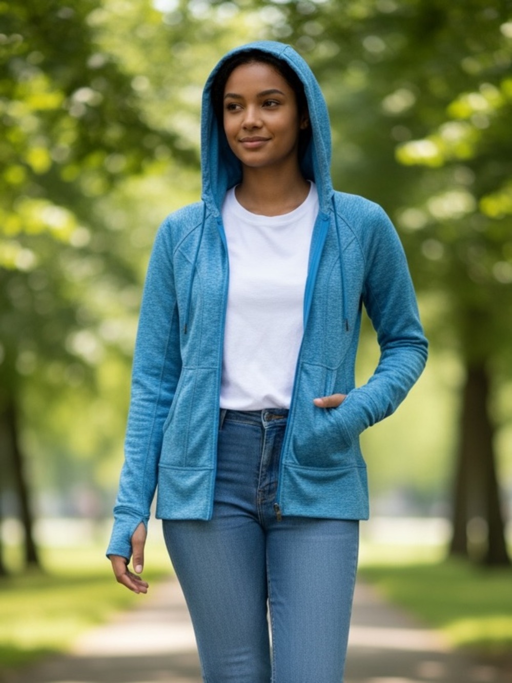 Athleta Women's Bright Blue Zip-Up Hoodie Size Medium with Thumb Holes
